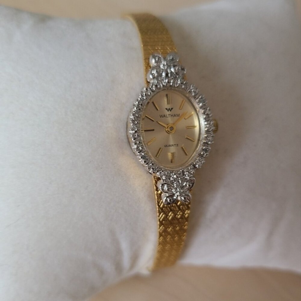 WALTHAM Vintage cocktail gold watch with silver bezel circa 1960s 70s - Picture 3 of 14